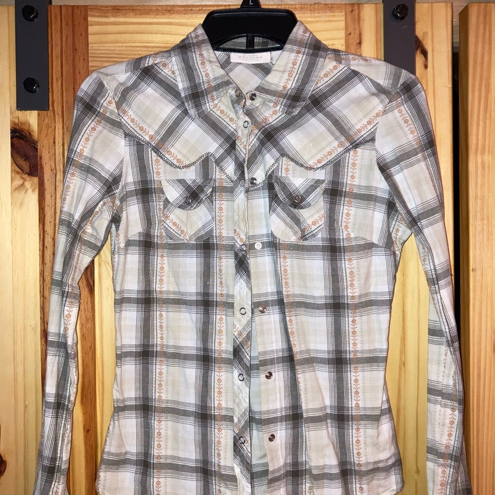 Arizona Jean Company Plaid Button Down Shirt - Gray and Cream